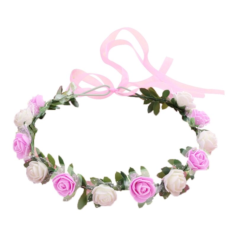 652F Women Girls Flower Crown Floral Wreath Headband Simulation Rose Garland Bohemian Style Wedding Party Bridal Headwear