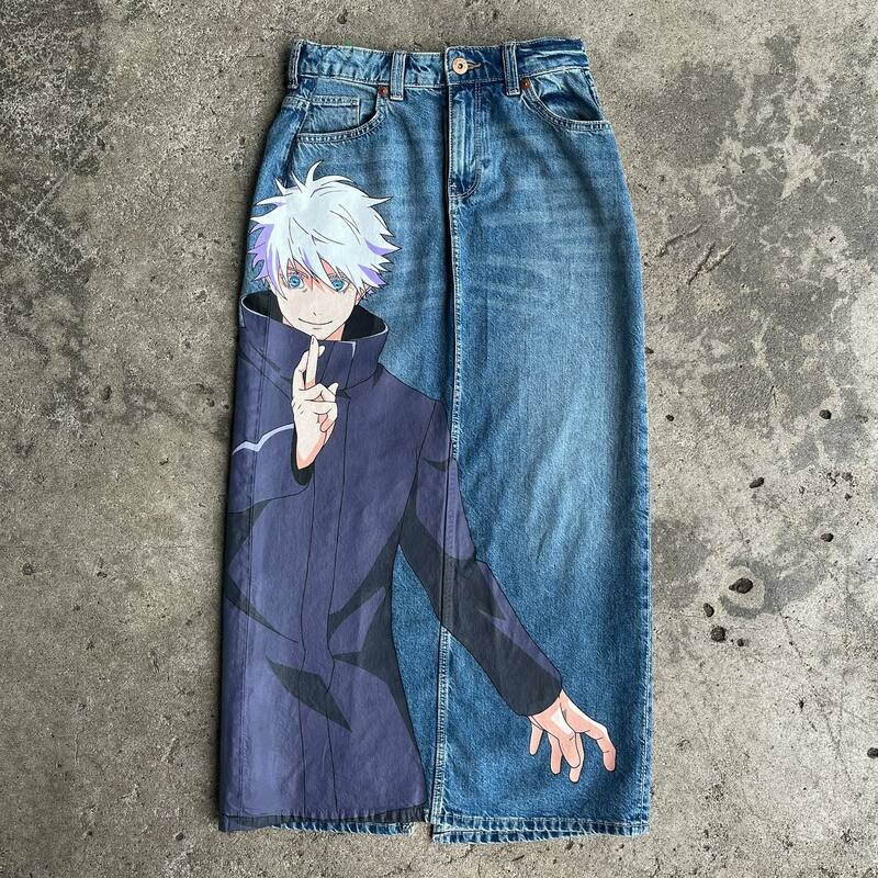 Harajuku Anime giapponese grafica jeans a gamba larga Jeans Streetwear Y2K Jeans uomo donna 2024 nuovi pantaloni larghi a vita alta pantaloni blu