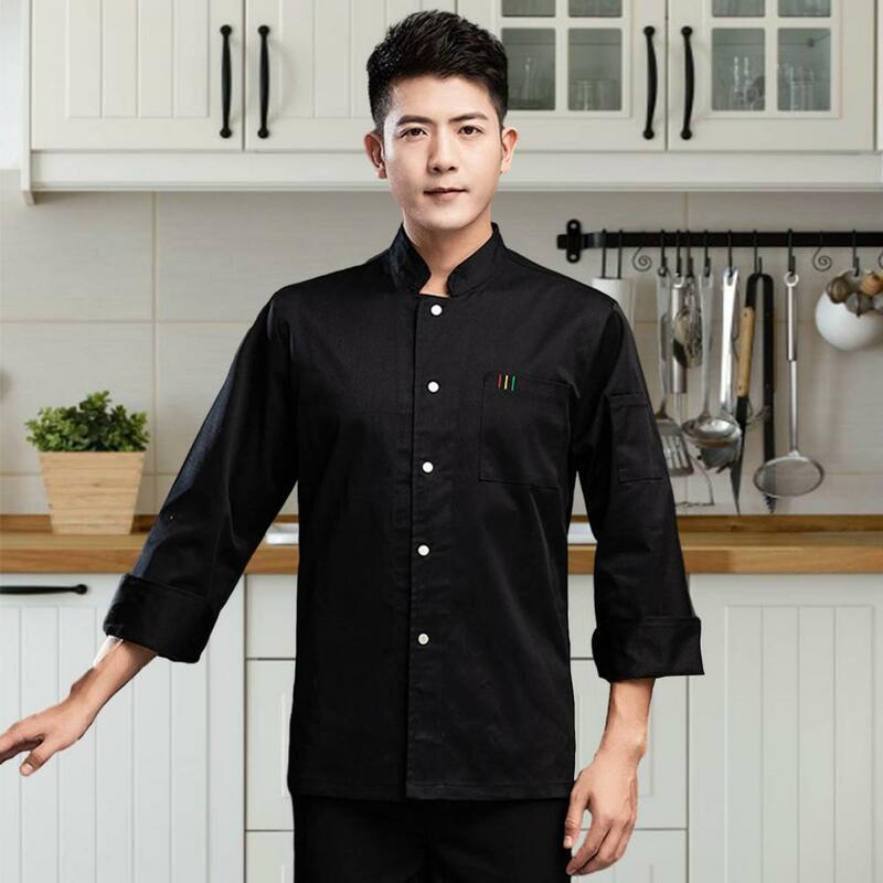 Comfortable Chef Shirt Professional Long Sleeve Chef Uniform for Unisex Kitchen Bakery Work Stand Collar Patch Pocket Single
