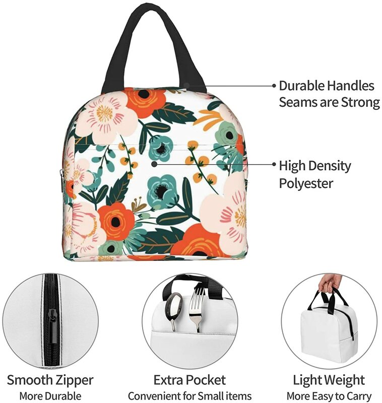 Lunch Bag Colorful Floral Insulated Lunch Box Freezable Cooler Thermal Waterproof Lunch Tote Bag for Travel Work Hiking Picnic