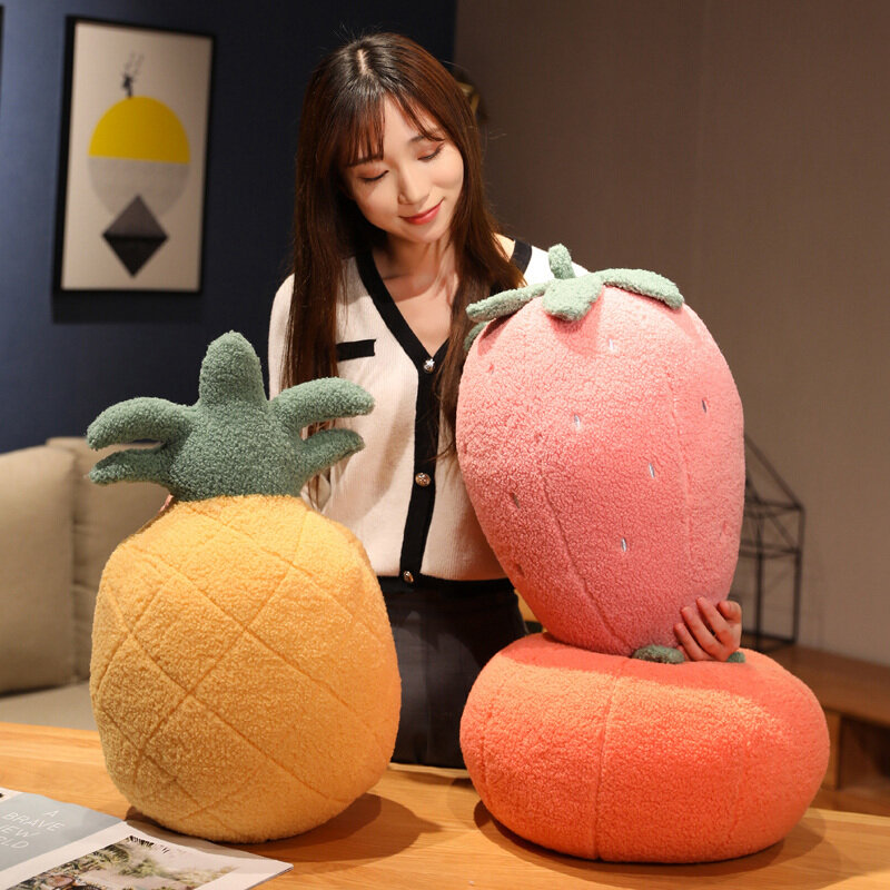 3D Simulação Fruite Plush Travesseiro Brinquedos Bonito Recheado Planta Alimentos Laranja Morango Plushies Macias Jogar Almofada Almofada Decoração para casa