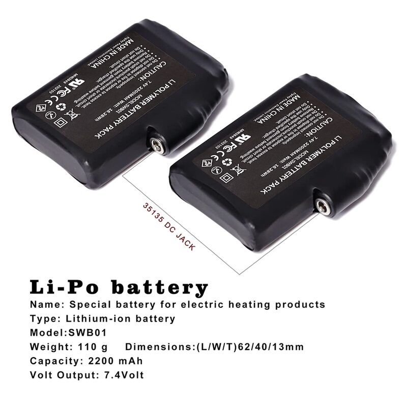 Baterias recarregáveis Li-ion, Baterias para luvas e meias aquecidas, 7.4V, 2200mAh, 3000mAh