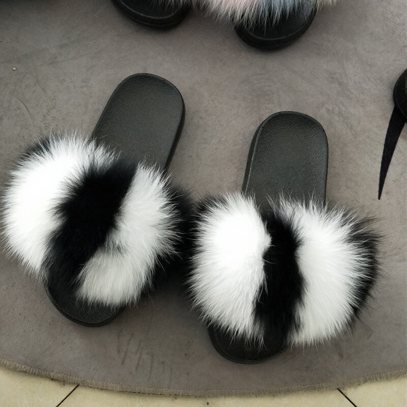 รองเท้าแตะผู้หญิง Furry Fluffy รองเท้าแตะจริงขนสุนัขจิ้งจอกธรรมชาติรองเท้าแตะในร่มรองเท้า Non-Slip สว...
