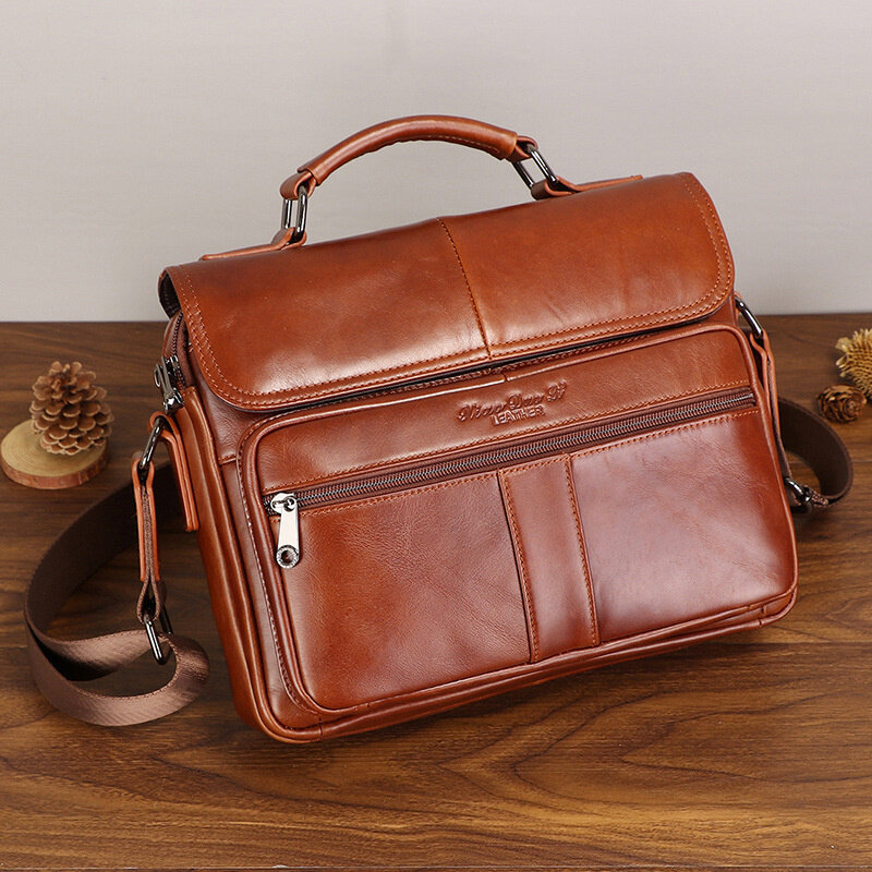 Vintage Genuine Leather Briefcase For Men Cow Male Shoulder Messenger Bag Large Capacity Handbag Luxury Man File