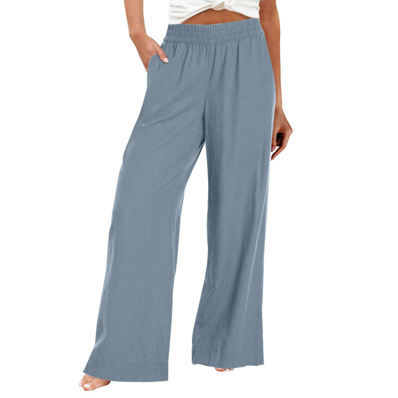 Pantalones de algodón y lino para mujer, pantalón informal de pierna ancha, holgado, de cintura alta, con bolsillos, Verano