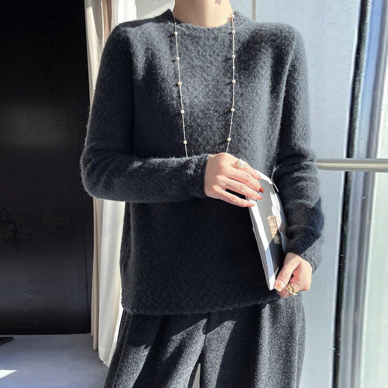 Sweter damski 100% czysty wełniany sweter 2024 moda jesień/zima wszechstronny do połowy szyi dzianinowa bluzka wafel CoatTop