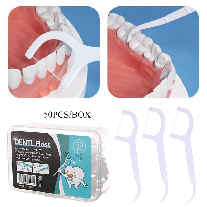 Tusuk gigi sekali pakai, Floss gigi dengan pegangan alat pembersih gigi portabel perlengkapan perawatan kebersihan mulut 50 buah