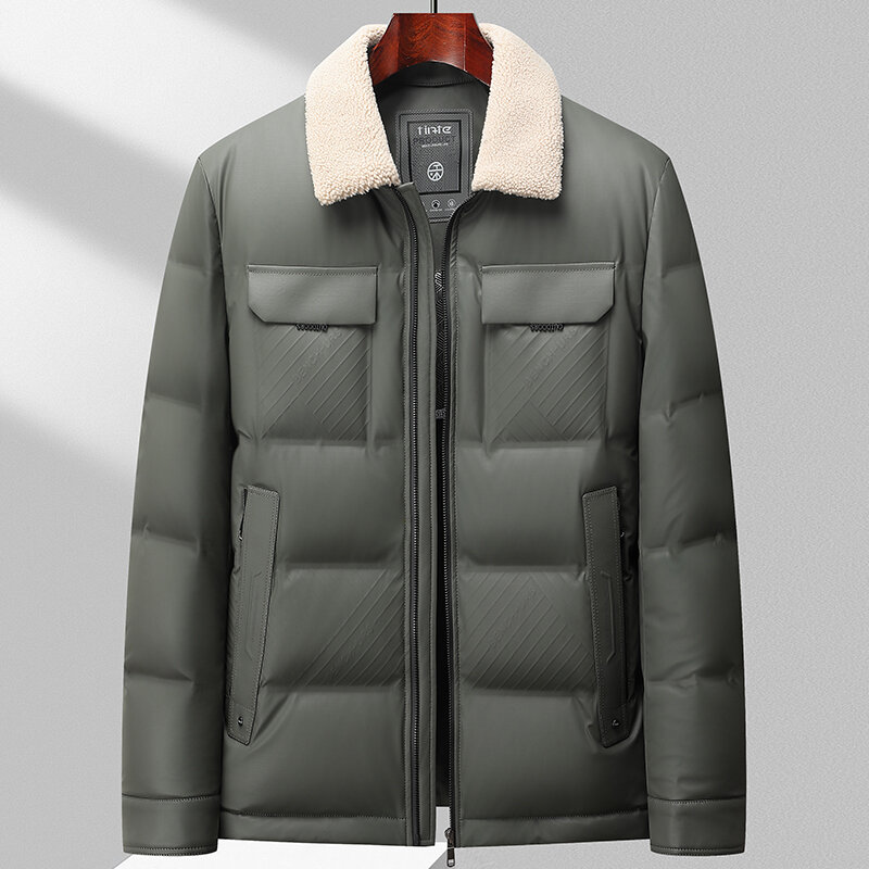 Classic Detachable Lamb Fur Collar White Duck Down Jacket Men's 2023 Winter Business Casual Outwear Short PU Leather Puffer Coat