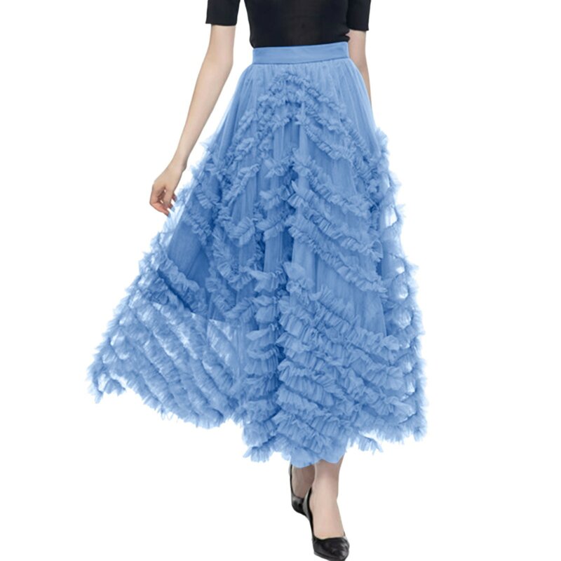 Skirt For Women New Elastic High Waist Mesh Cake Fashion Sweet Solid Color 2024 Summer Petticoat Tulle Pleated Skirt Female