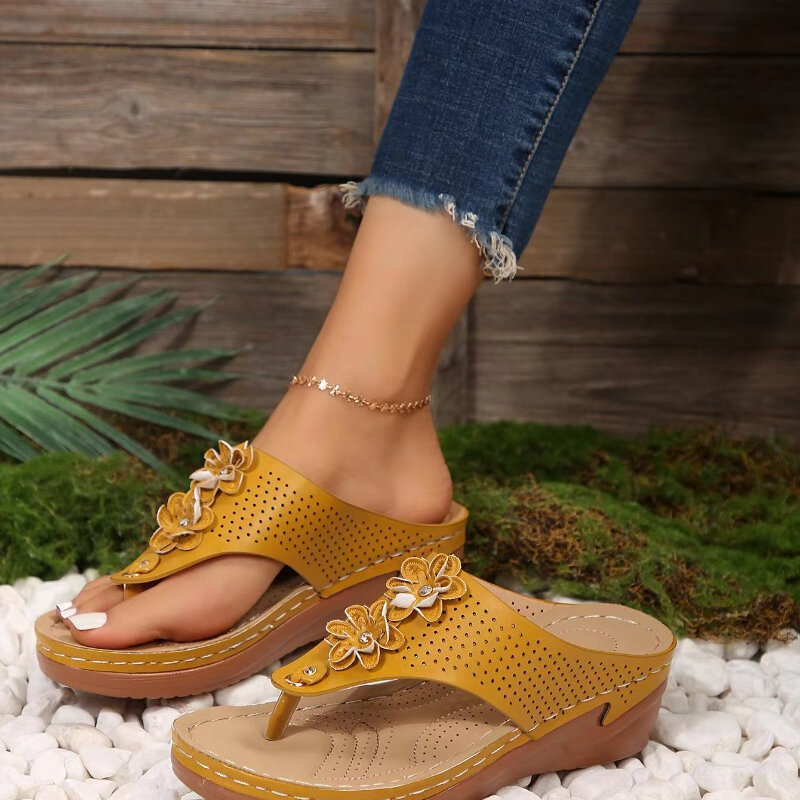 Sandalias con cuña de flores para mujer, zapatillas de espiga, zapatos de verano, 2024
