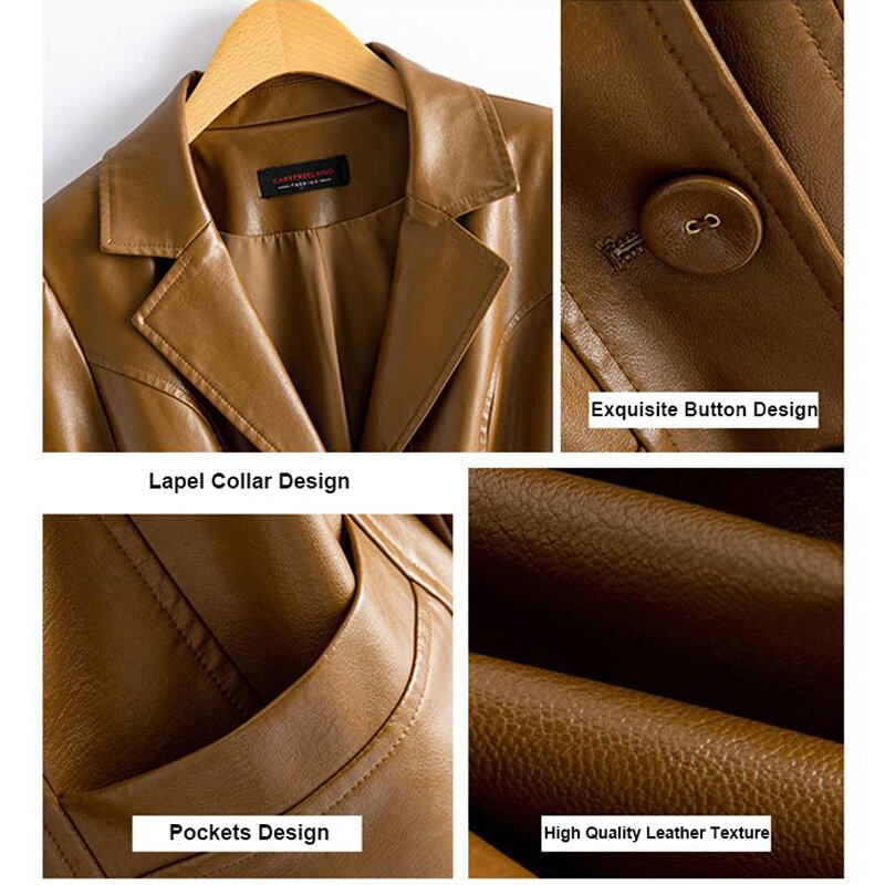 Casualowe kobiety w prawdziwym skórzane kurtki płaszcze 2024 nowe modne brązowe kieszeń na guzik szykowne biurowa, damska z rozcięciem kurtki z owczej skóry M-5XL