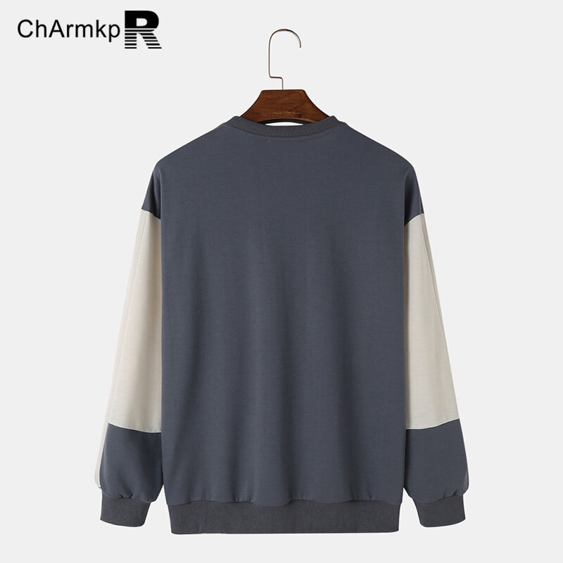 2024 ChArmkpR męskie bluzy z kapturem modne bluzy długi rękaw nadruk patchworkowy pulowerowe topy koszulka męska odzież Streetwear