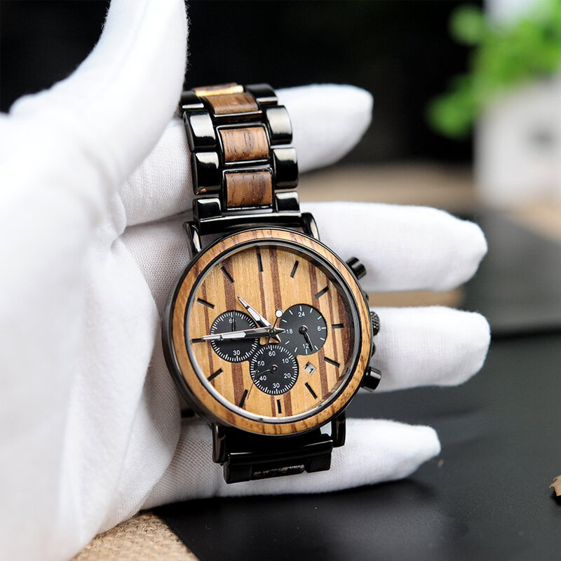 Jam tangan pria kayu, jam tangan Stainless Steel kayu modis kronograf militer kuarsa kasual tampilan kalender