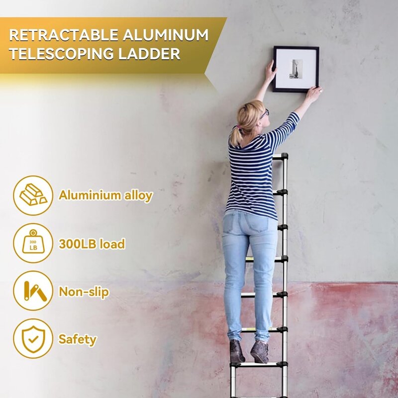 Alumínio dobrável telescópica escada, triângulo estabilizadores, ganchos destacáveis, leve compacto telescópico, 19FT