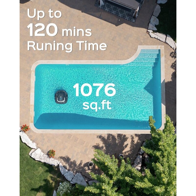 Vuoto automatico per piscina 120mins tempo di funzionamento, doppi filtri, ricarica rapida 2.5H, ideale per piscine fuori terra fino a 1076 piedi quadrati
