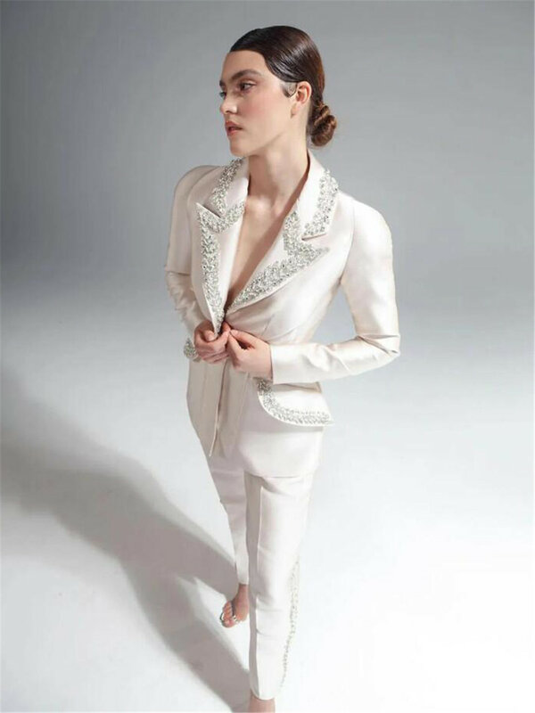 Gorgeous Crystal Women Suits 2 Pieces One Button Shiny Pocket Blazer Custom Made Fashion Slim Fit Elegant Celebrity Jacket Pants