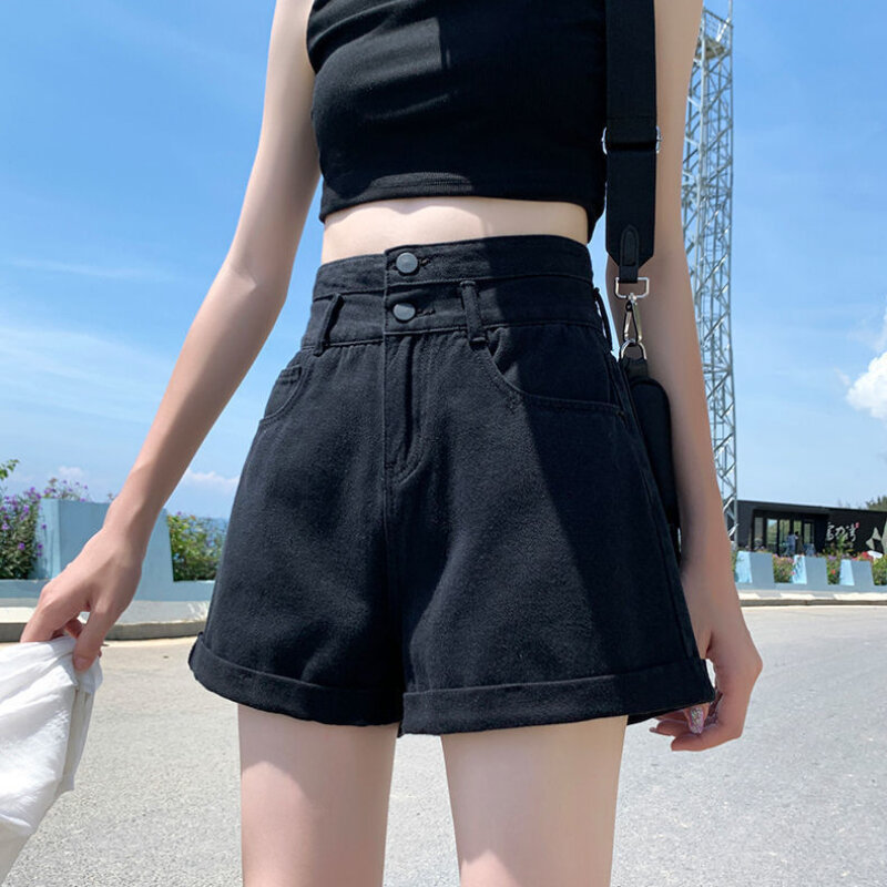 Шорты женские джинсовые с завышенной талией, свободные простые универсальные уличные штаны в Корейском стиле, стильная шикарная одежда для отдыха и студентов, на лето