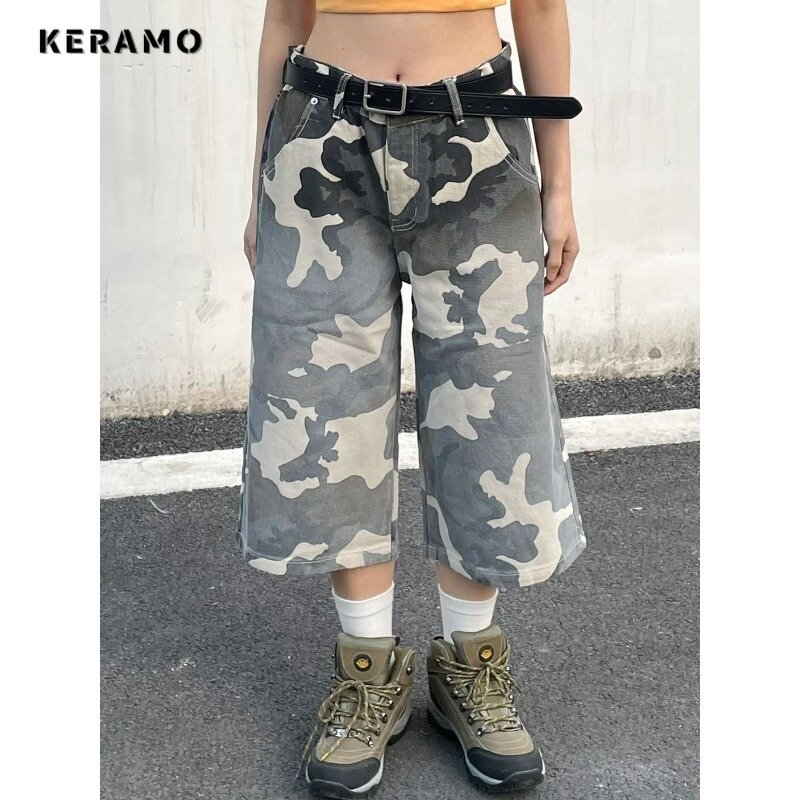 Shorts americanos Harajuku de cintura alta meio longo denim para mulheres, estilo de rua, retrô hotsweet, ajuste solto, moda, verão, Y2K, 2024