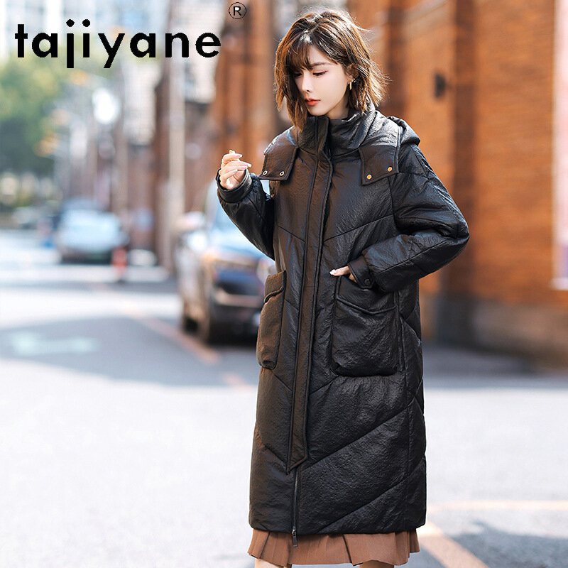 Tajiyane-casaco feminino longo em couro de carneiro genuíno, jaqueta de couro real, parkas casual com capuz, casaco de inverno 2024