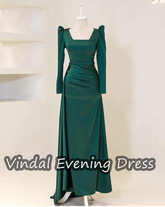 Vindal Ruffle Square Necklin Floor Length Evening Dress Satin Elegant Built-in Bra Saudi Arabia Long Sleeves For Woman 2024