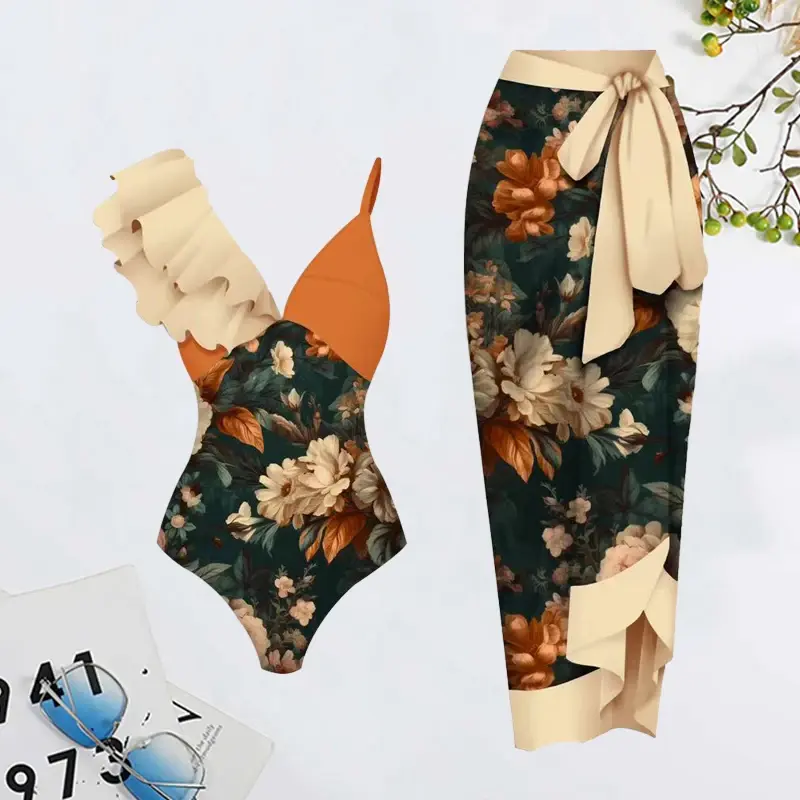 Maiôs de banho feminino de peça única estampa floral, biquíni em V profundo, roupa de praia do verão, roupas de banho femininas, 2021