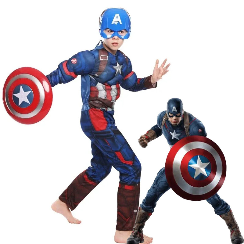Capitão América Cosplay Costume para Crianças, Macacão, Escudo, Halloween, Carnaval, Festa, Músculo, Criança