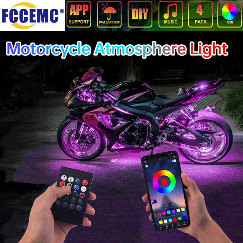 RGB APP LED รถจักรยานยนต์รถบรรยากาศฟุตรีโมทคอนโทรลกันน้ำควบคุมเสียง12V Moto Lampu Hias Strip