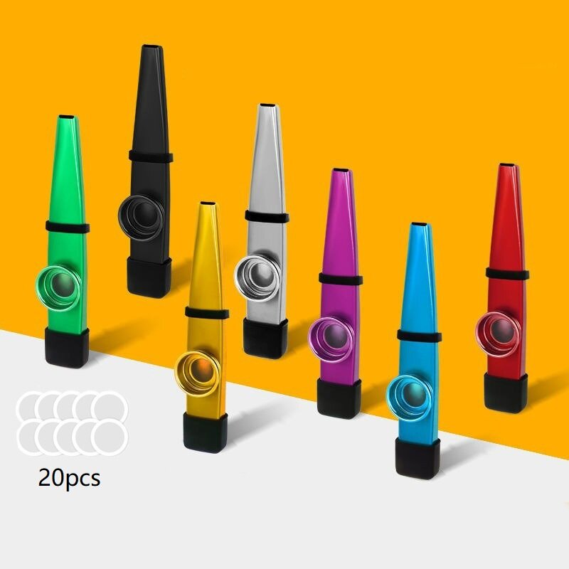 Kazoos de Metal con 20 piezas de diafragma de flauta Kazoo en 7 colores, buen compañero para ukelele, violín, guitarra, Piano, con funda de silicona