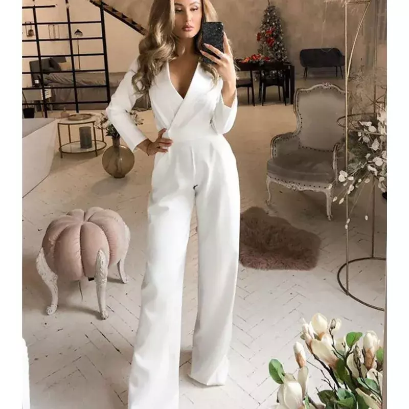 Women Autumn Spring Long Sleeve Jumpsuits Rompers Y2K Chic Office Ladies Fashion V Neck Corset Long Loose Jumpsuits Onepieces