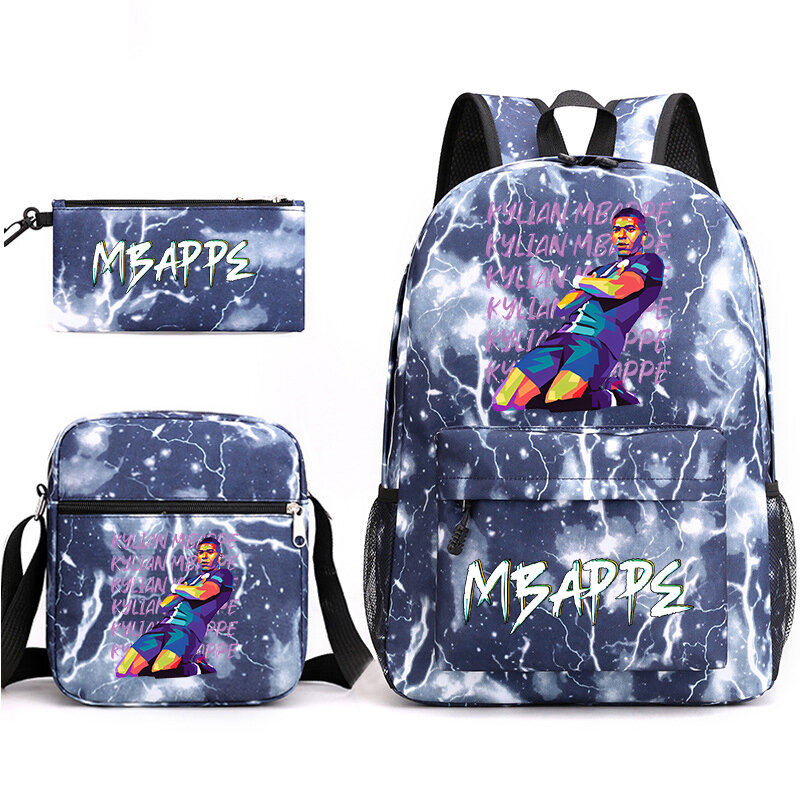 Mbappe avatar print student backpack set children's school bag shoulder bag pencil case 3-piece set