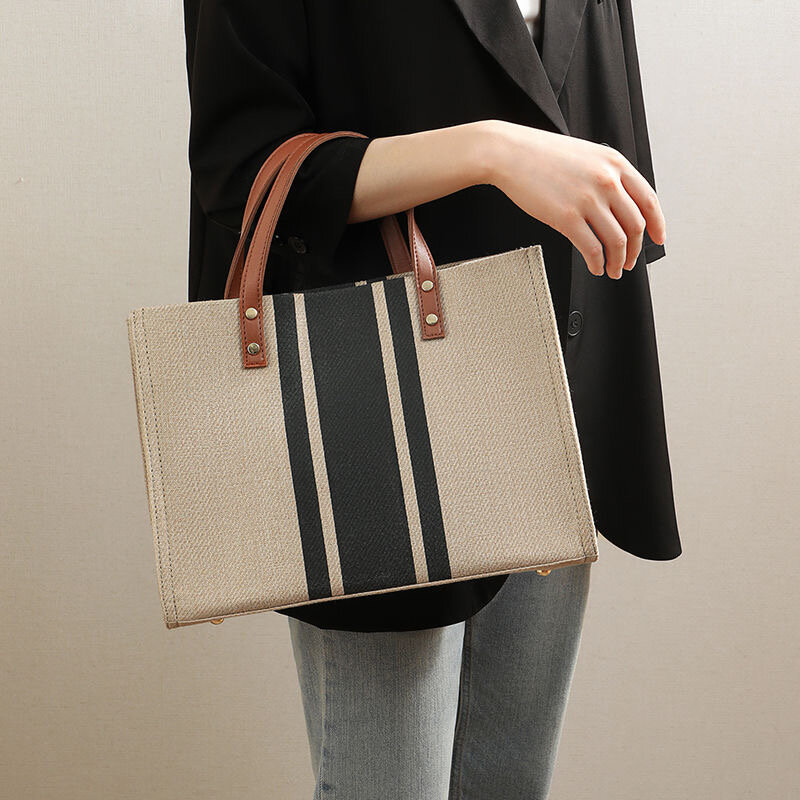 Большая Холщовая Сумка для женщин, новинка 2023, роскошные сумки, винтажная полосатая Сумка-тоут, женский портативный деловой портфель OL в Корейском стиле