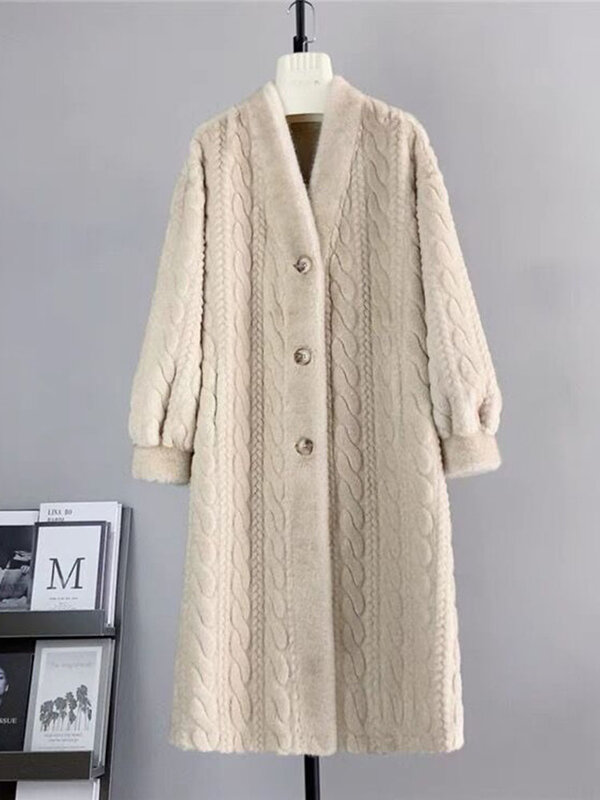Casaco de pele sintética longo com decote em v feminino, jaquetas de algodão acolchoadas forradas, quente, solto, grosso, de peito único, mais fofo, coreano, inverno