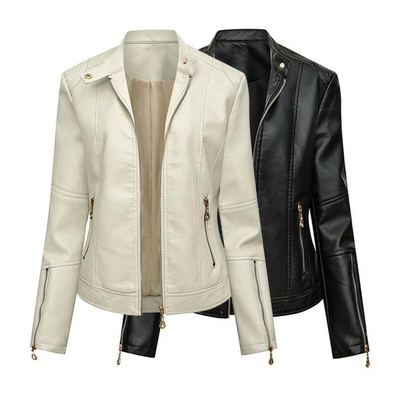 Faux Leather Lady Jacket Solid Color Turn-down Collar Biker Coat Windproof Slim Fit Multi Zipper Lady Coat For Motorcycle Riding