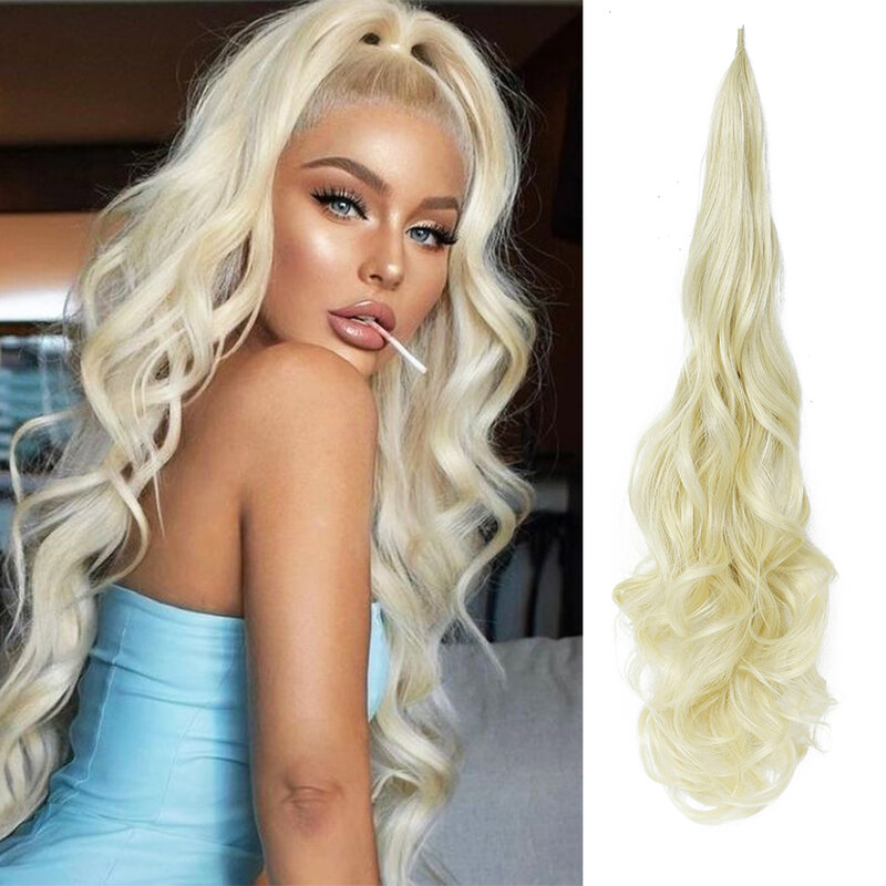 Synthetic Blonde PonyTail Long Wavy Layered Flexible Wrap Around Fake Pony Tail Hair Extensions 32 Inch Wave Hairpiece for Women