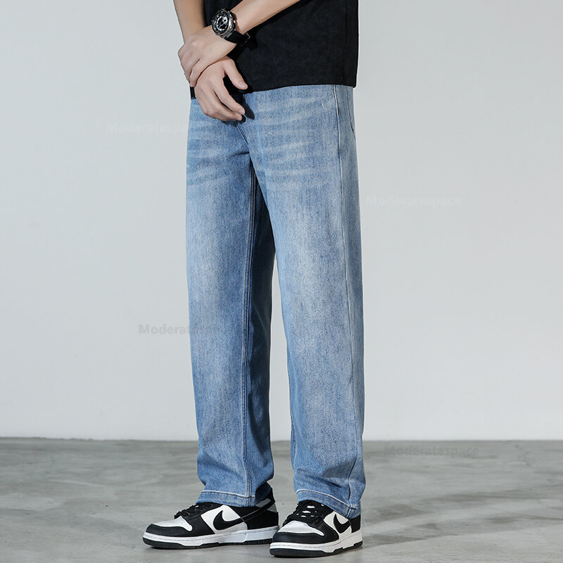 Celana Jeans Vintage pria, celana Denim katun lebar longgar jalanan Amerika kasual lurus mode baru 2024