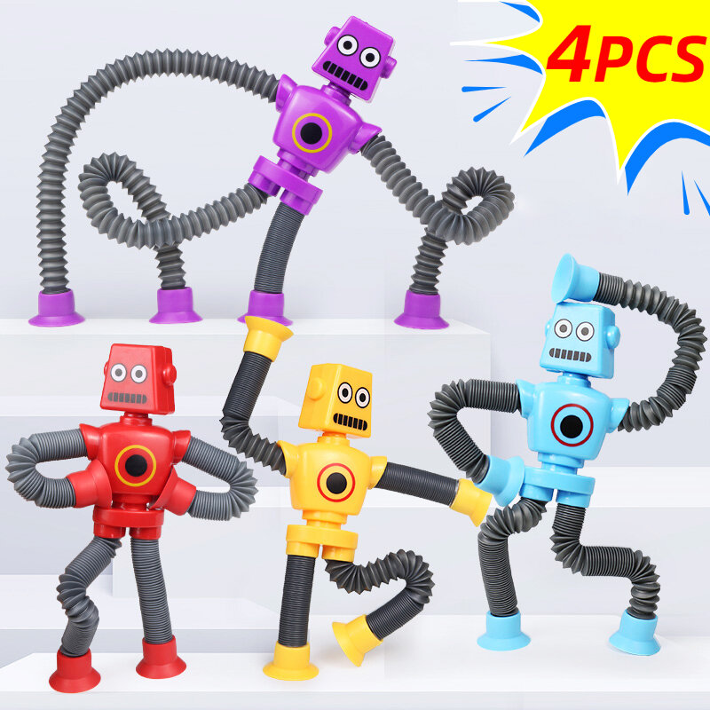 Jouet Robot Télescopique de Dessin Animé Polyvalent pour Enfant, Puzzle, Étirement, Ventouse, Réduction de Pression, Jouet Apaisant, 4 Pièces
