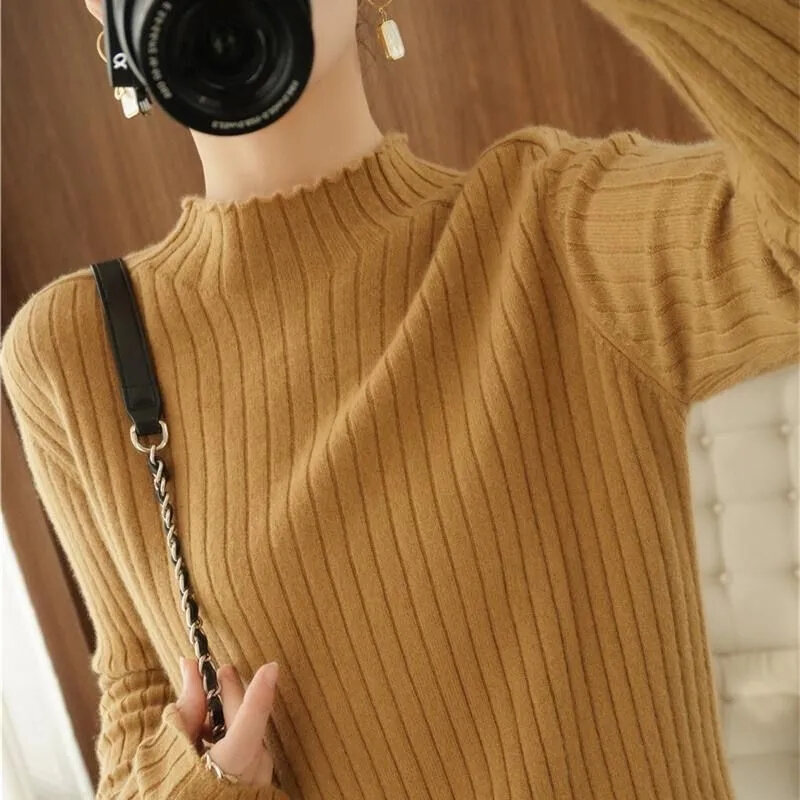 Новинка, женские свитера с высоким воротником, вязаный свитер, облегающие пуловеры с высоким воротником, базовый джемпер на осень и зиму, 2024, трендовый Топ с длинным рукавом
