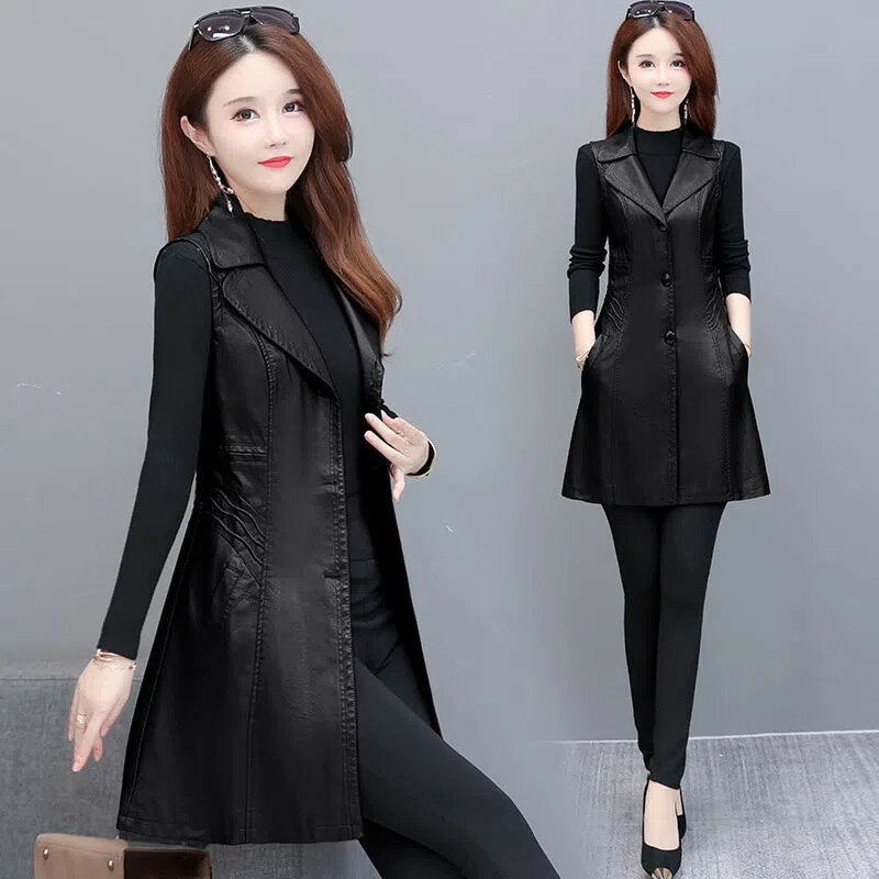 2023 New Women Leather Vest Mid-Length PU Leather Vest Waistcoat Spring Autumn Sleeveless Slim Casual Jacket Outerwear Female