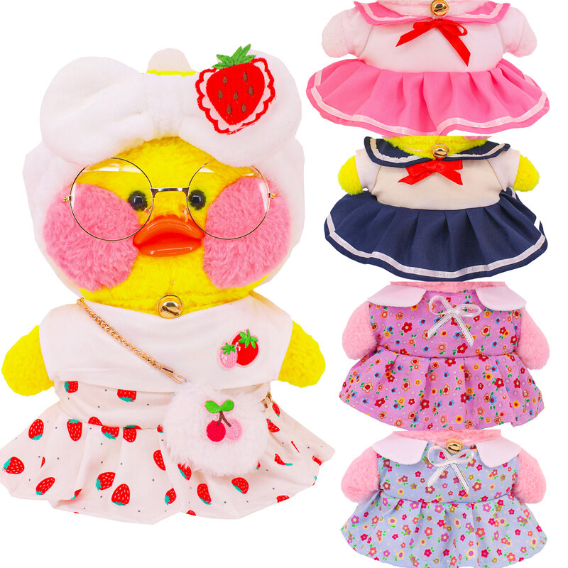 Yellow Duck Doll Clothes for Kids, 30 cm Uniformes, Strawberry Print Dress, Óculos, Messenger Bag, Ladies 'Accessories, Presentes