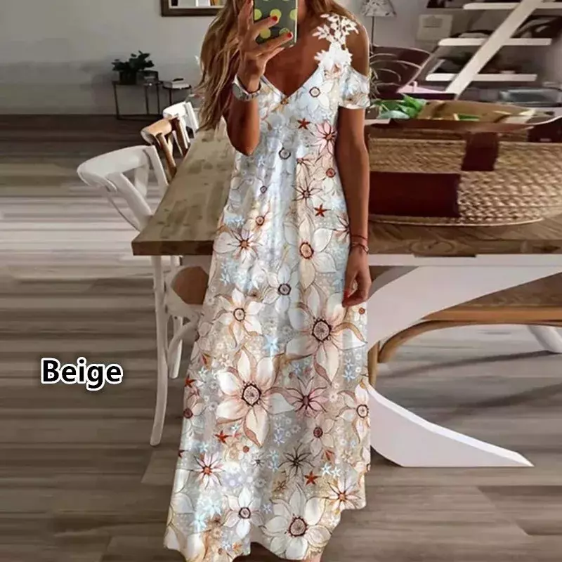2024 New Summer Lace Strap V-neck Fashion Print Loose Dress Sexy Dress