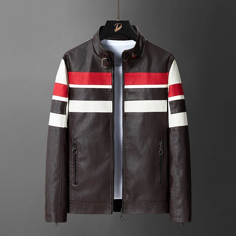 2023 Men's New Stand Collar Handsome Motorcycle Leather Clothing Youth Casual Cool Fashion Colorblock PU Leather Clothing