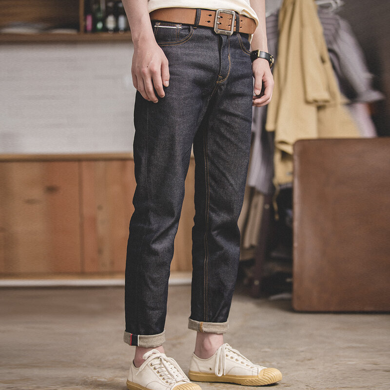 Maden Retro regularny dżinsy dla mężczyzn 13.8 uncji surowego jeansu w stylu Vintage Amekaji głęboki kolor ciężkie marka jakości męskie spodnie