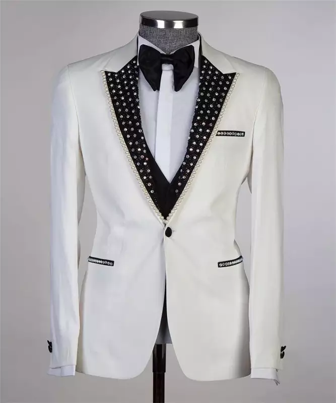 Luxury Crystal Men Suits Set 2 Piece Blazer+Pants Custom Made White Jacket Formal Office Groom Wedding Tuxedo Prom  Coat