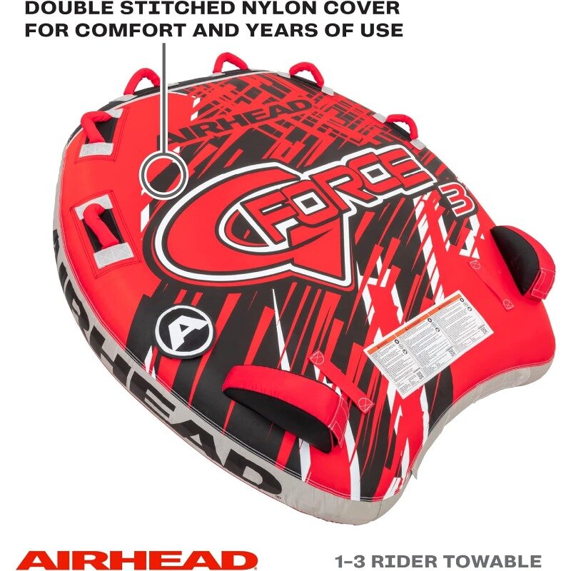 AirHead g-force 3 tubo remolcable 1-3 para paseos en bote y deportes acuáticos, cubierta completa de nailon resistente con cremallera, almohadillas de espuma EVA