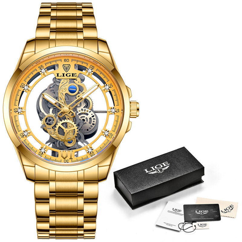 Lige 2023 Nieuwe Gouden Horloge Vrouwen Horloges Dames All Staal Skelet Design Vrouwen Armband Horloges Vrouwelijke Klok Relogio Feminino