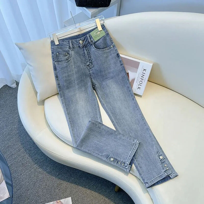 Весна-Осень Новые женские эластичные джинсы девятые прямые брюки Модные женские корейские ковбойские брюки с высокой талией и разрезом синие