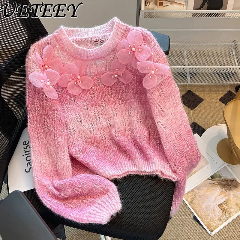 Gradien Sweater ungu mantel wanita musim gugur musim dingin desain manik-manik bunga kemeja Bottoming gaya susu lembut ketan Pullover Jumper