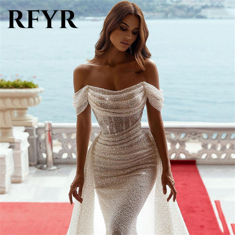 RFYR seksowne brokatowe suknie weselne syrenka z ramienia bez rękawów Boho ślubne suknie z błyszczącymi suknia dla panny młodej trenu 2024