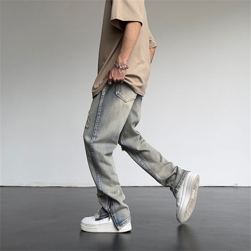Pantalones Cargo de pierna ancha para hombre, ropa de calle holgada, Jeans rasgados y rectos, ropa de marca azul, primavera y otoño, 2022