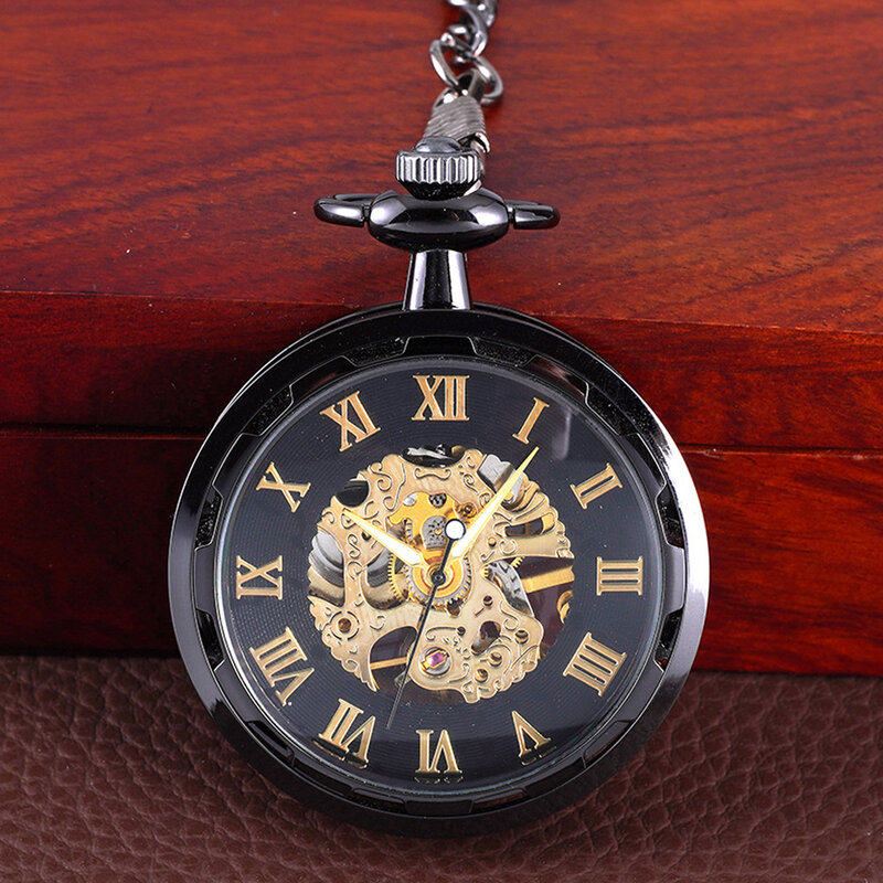 Luxury Round Mechanical Pocket Watch for Men Women Transparent Roman Numerals Dial Black Fob Chain Pendant Clock for Collection